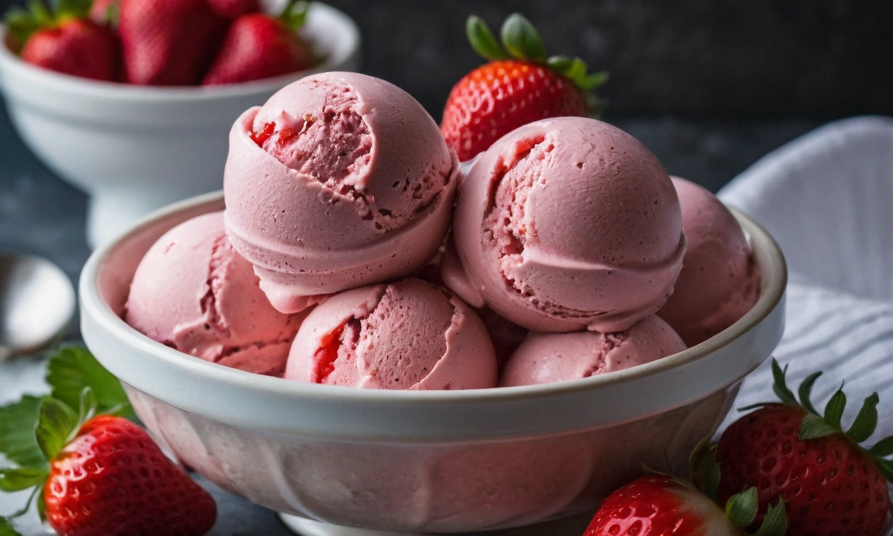 Quick no-churn strawberry ice cream recipe using frozen berries.