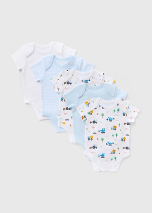 5 Pack Baby Blue Digger Sleepsuits (Newborn-36mths)