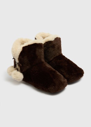 Brown Faux Fur Pom Pom Slipper Boots