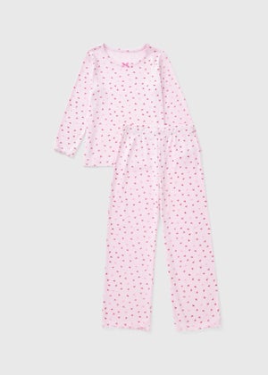 Girls Pink Bow Ribbed Pyjama Set (4-13yrs) Girls Pink Bow Ribbed Pyjama Set (4-13yrs)