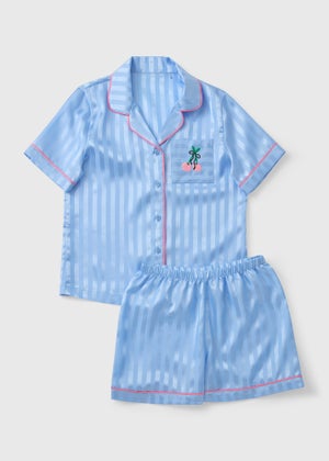 Kids Blue Satin Cherry Short Pyjama Set (4-13yrs) Kids Blue Satin Cherry Short Pyjama Set (4-13yrs)